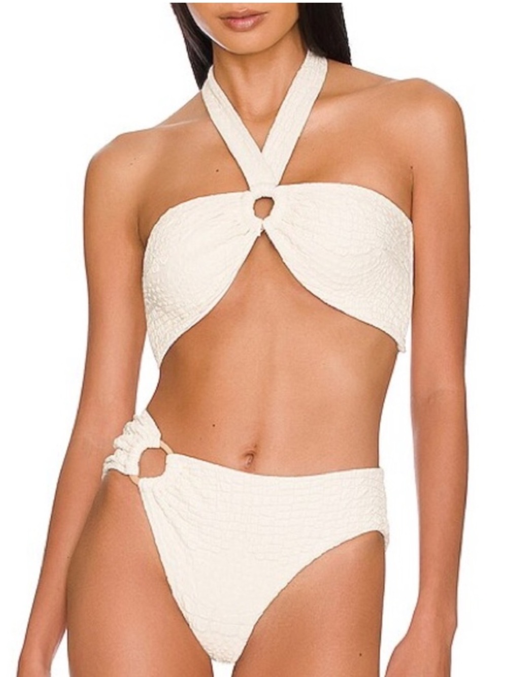 Revel ray bikini in sandstone croc Cream Textured Halter Ring Bandeau Bikini Set